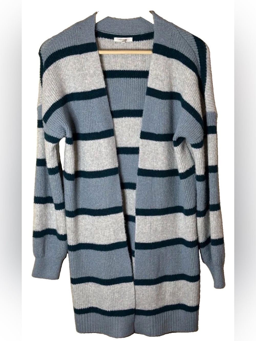 Maurices XS Striped Open Front Long Cardigan Sweater Pockets Blue Green Gray